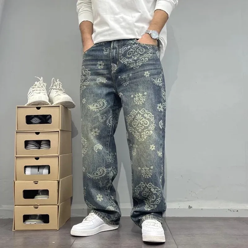 New Spring/Autumn Fashionable Printed American Retro Hip Hop Straight Leg Jeans Men's Casual Loose Fit Sports High Quality Jeans