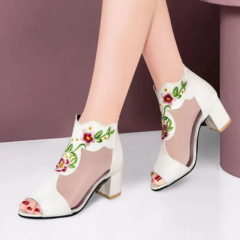 Sexy Black Mesh Embroidery Floral Pumps Women Autumn 2024 Thick Square Heels Peep Toe Shoes Woman High Heeled Patchwork Sandals