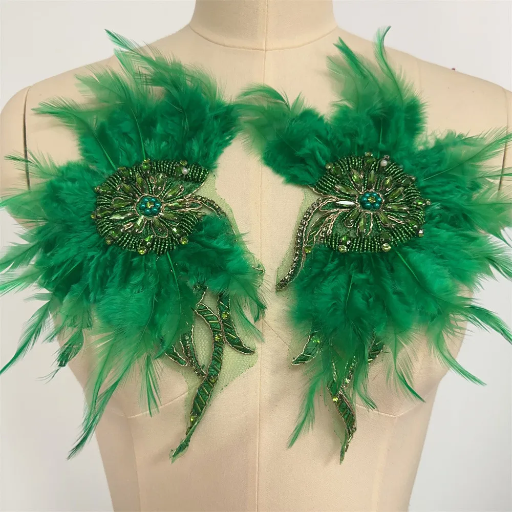 Rhinestone Beaded Patch With Artificial Feathers Garment Accessory Beading Applique