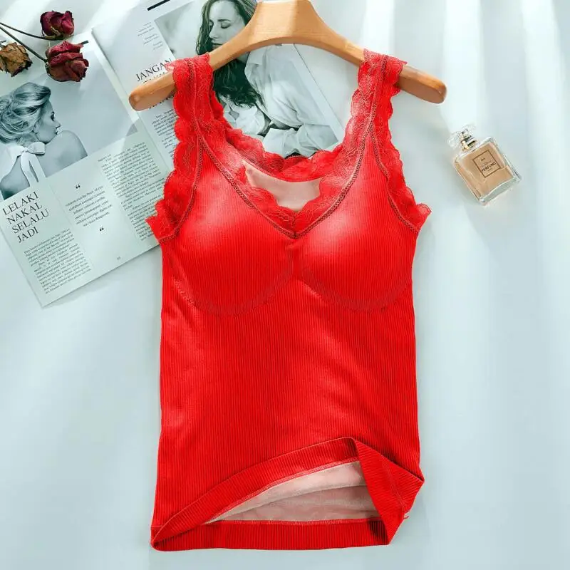 Damen-Herbst-Winter-Unterhemd mit Spitzenkanten, weicher Komfort, warme Weste, eng anliegende Innenschicht mit warmer Basis aus dickem Samt ﻿