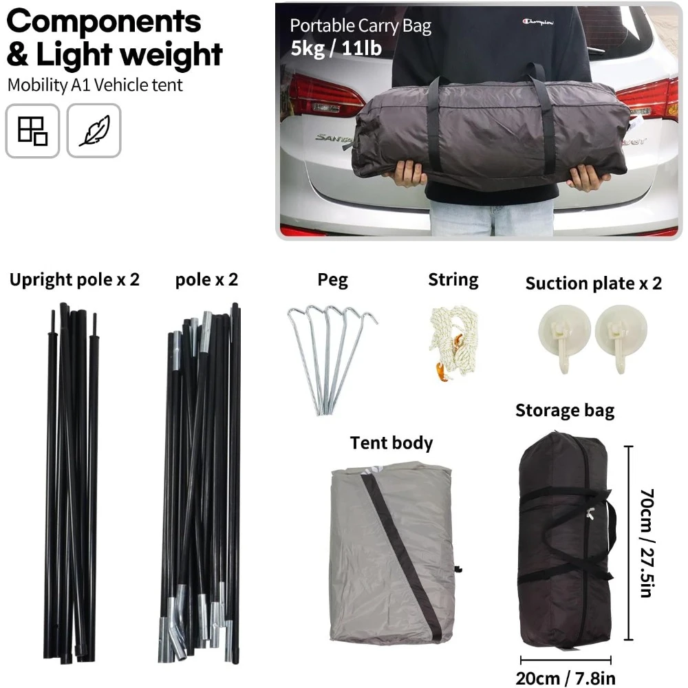 SUV tent for camping, waterproof tent with awning, portable car tent with 3 doors and 2 mesh windows for hatchback  MPV van