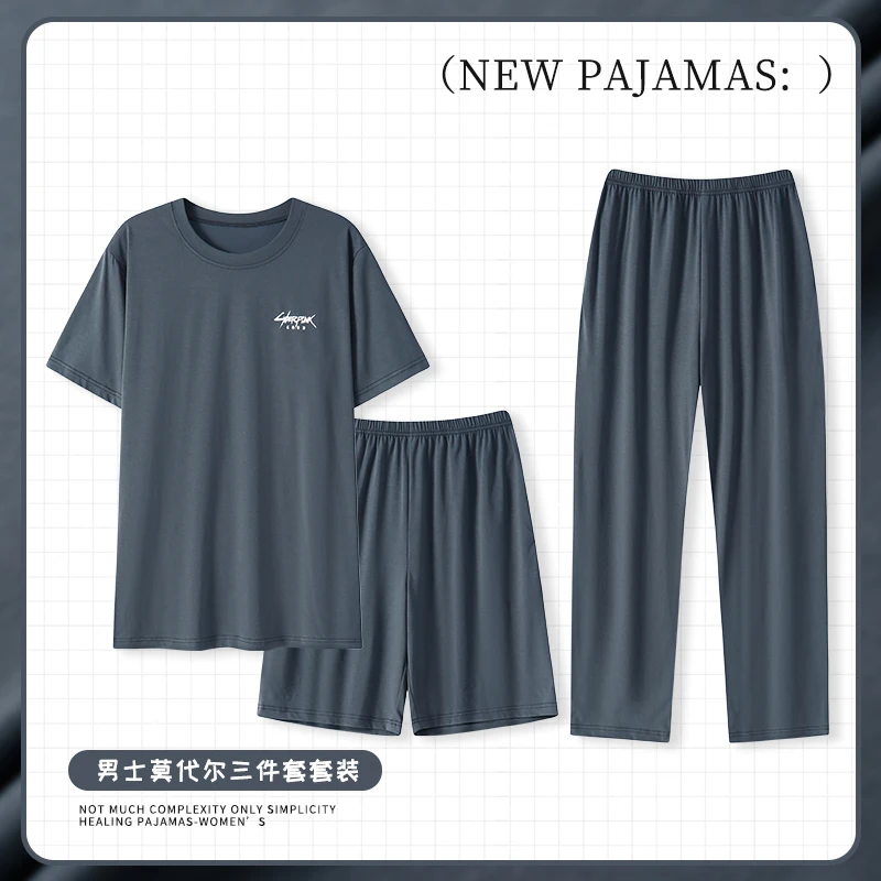 Modal Soft Homewear Men's Short Sleepwear for Summer 3Pcs/set Nightwear Young Boy Casual Pajamas Set Shorts Long Pant Pjs Pyjama