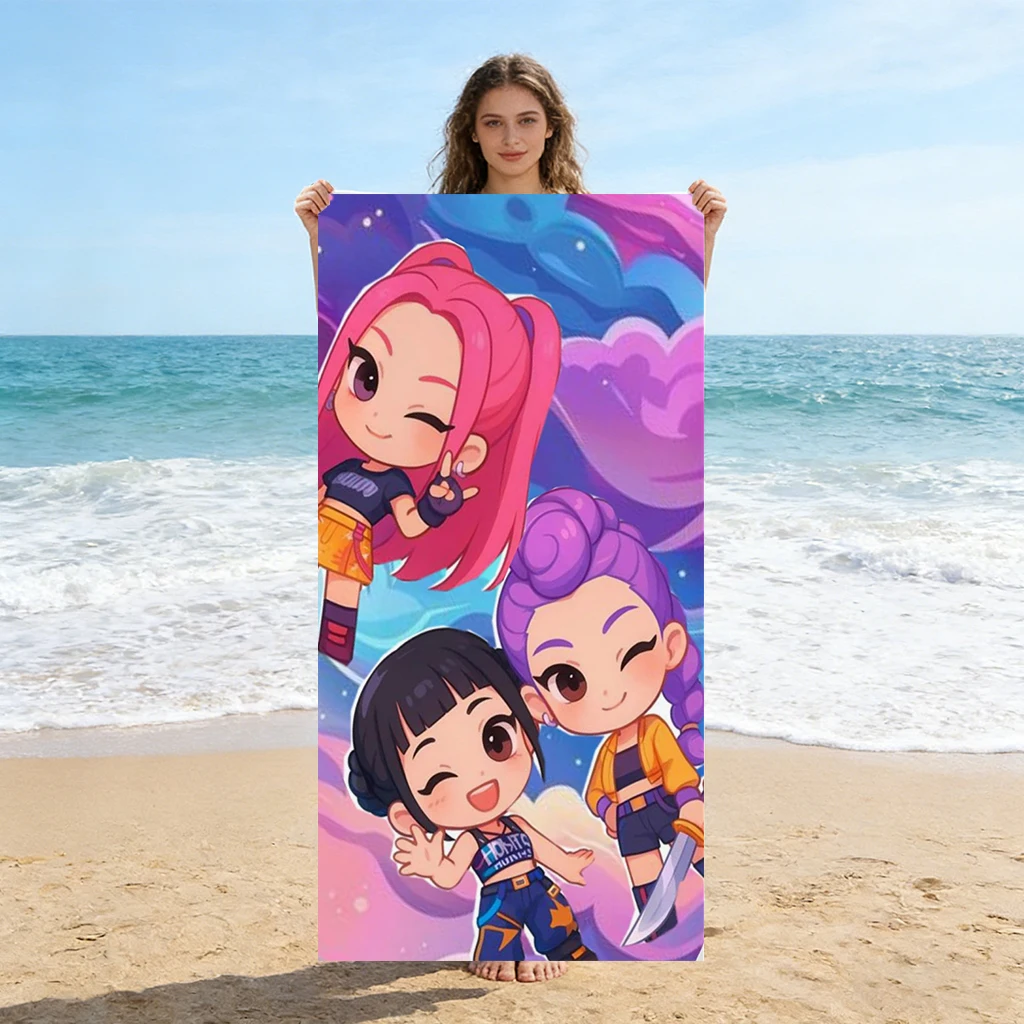1pc Cute Chibi Girls Beach Towel Pink Purple Cartoon Quick Dry Microfiber Bath Towel for Swimming Surfing Camping Uni Holiday