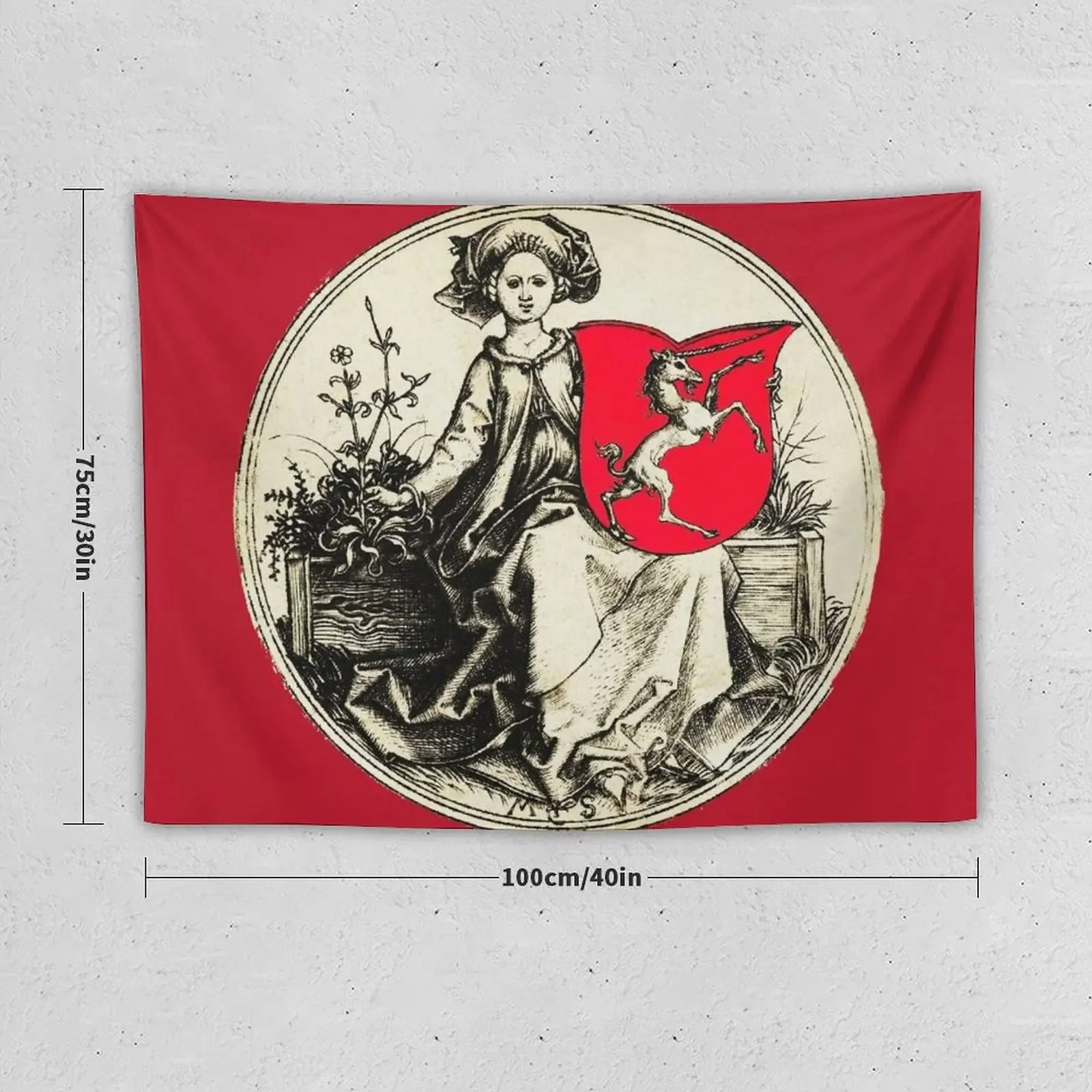 MEDIEVAL LADY HOLDING A SHIELD WITH RAMPANT UNICORN in Black White Red Tapestry Room Decor Room Decor For Girls Tapestry