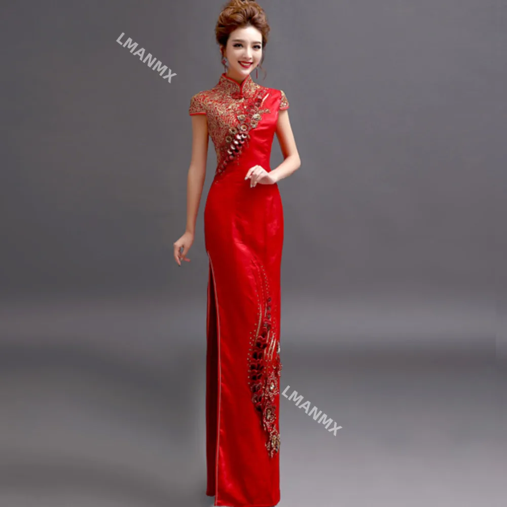 Chinese Traditional Cheongsam Embroidery Modern Elegant Qipao Oriental Embroidered Long Red Wedding Dress Evening Party Gown