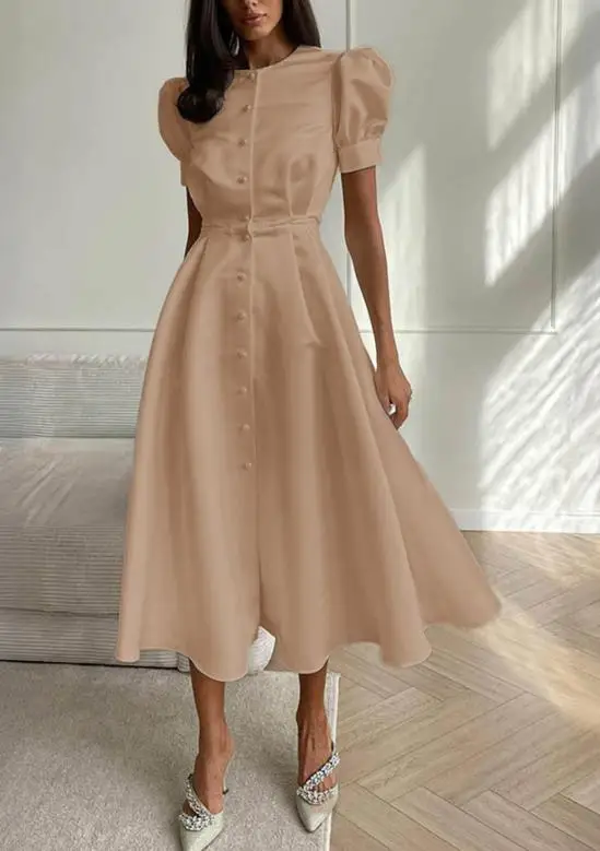 

Summer 2025 New Elegant Style Pearl Button Cardigan Short Sleeved Dress Fashionable Slim Fit Bubble Sleeve Design A-Line Dress