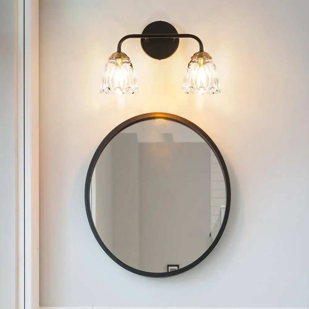 Toeletta da bagno antica a 2 luci, applique da parete in vetro trasparente, oro nero, base in ceramica stile vintage, facile installazione