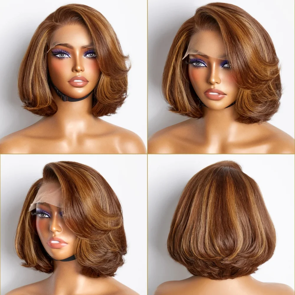 Brown Glueless Lace Closure Bob Wig Human Hair Layer Brown Natural Bob 12 Inch Water Wave Lace Front Wig