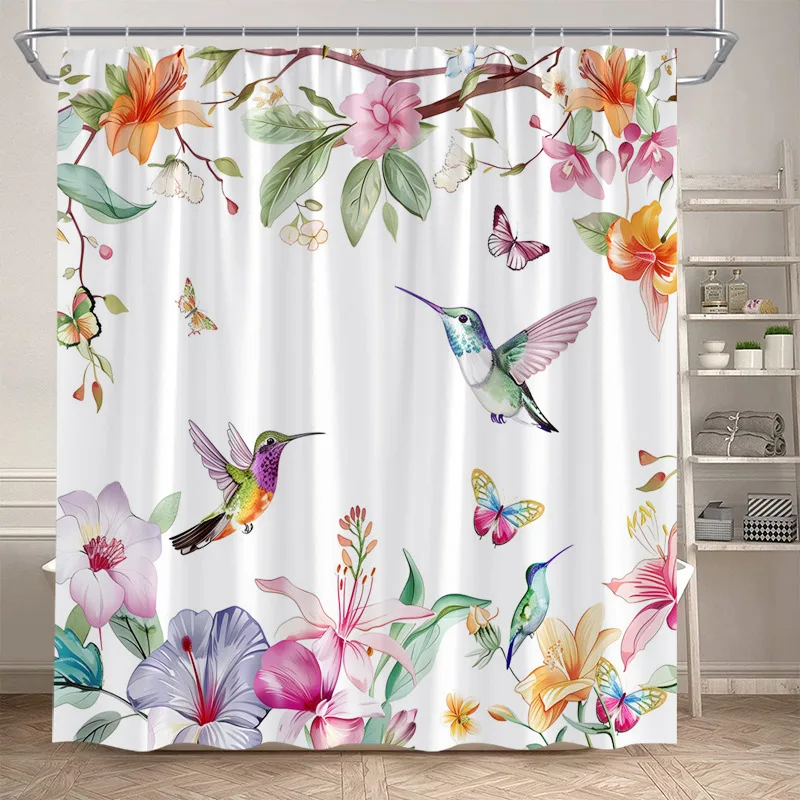 

Занавеска для душа с цветочным колибри, бабочка, птицы, акварельные растения, цветы, занавески для ванной, современный домашний декор для ванной комнаты с крючками