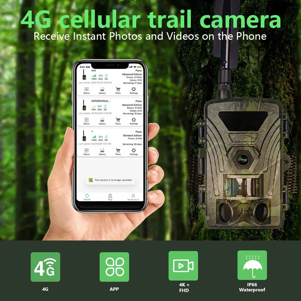 4G LTE Hunting Trail Camera 4K 60MP APP Control Wildlife Vedio Photo Record Night Vision With SIM Card Cellular Mobile Device