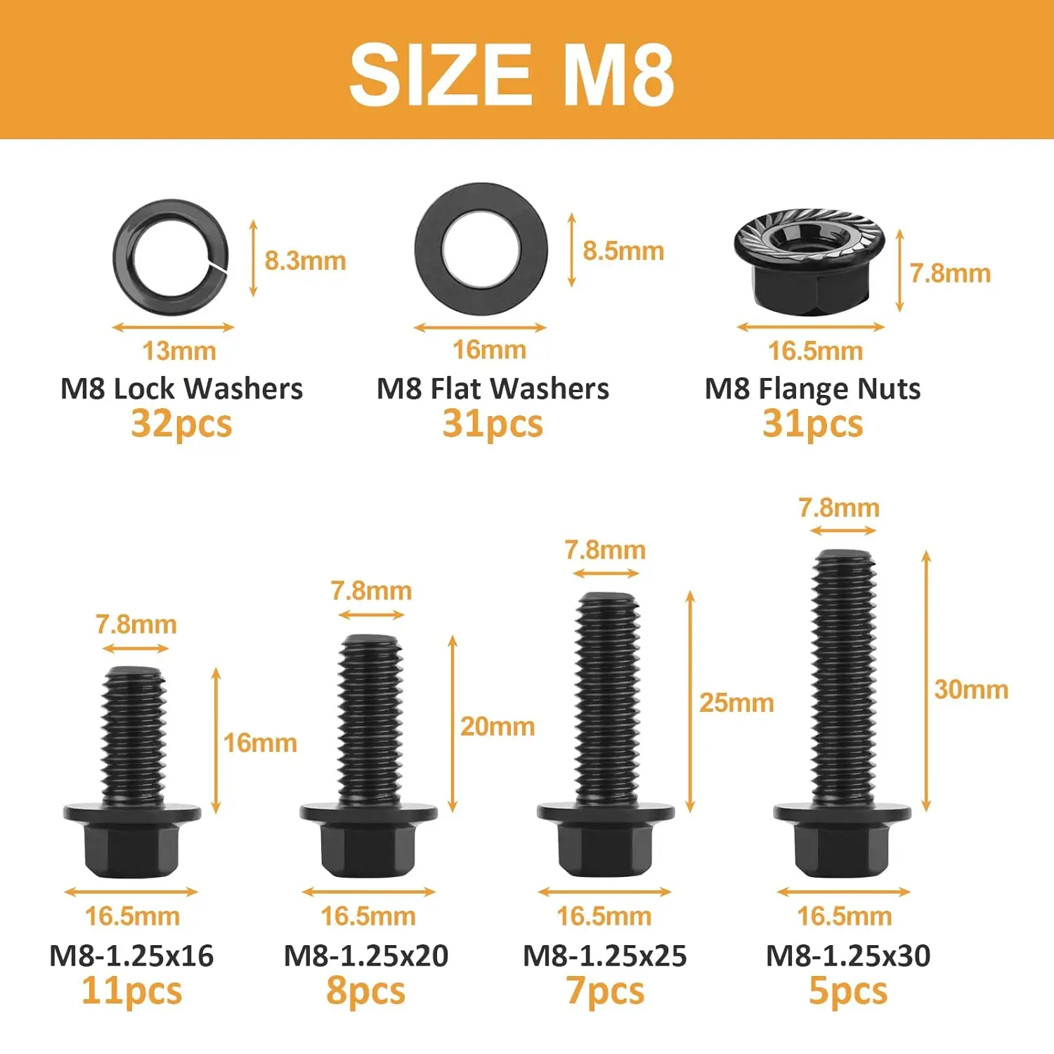 125-Piece M8 Hex Flange Bolt, Nut, and Washer Set; Metric Bolts and Nuts; Black Assorted Bolts and Nuts; Grade 10.9