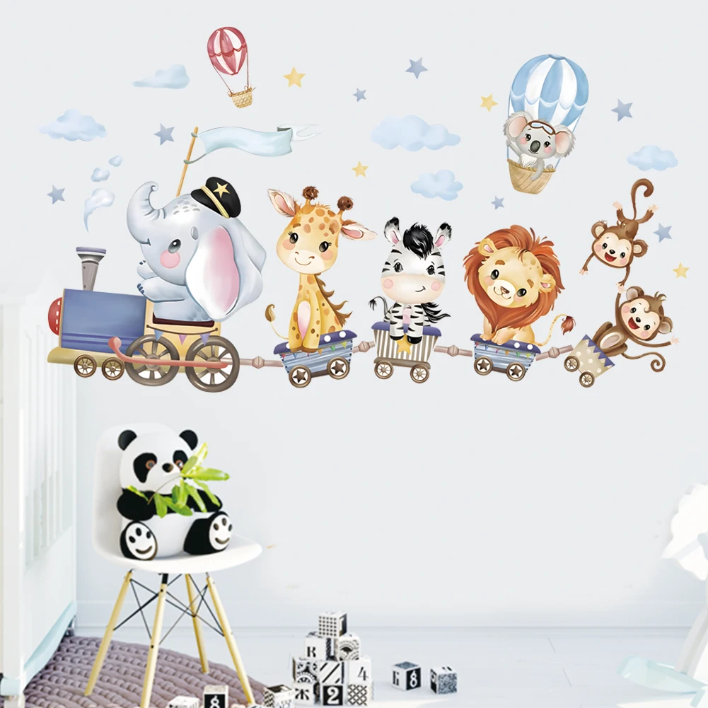 Cartoon Animals Ride On Small Trains Bedroom Decals Wall Stickers For kids Rooms Children Bedroom Wall Decals 3d vivid Poster