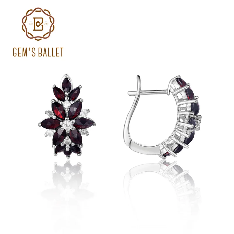 

GEM'S BALLET Round Black Garnet Gemstone Flower Style Wedding Earrings in 925 Sterling Silver January Birthstone Earrings