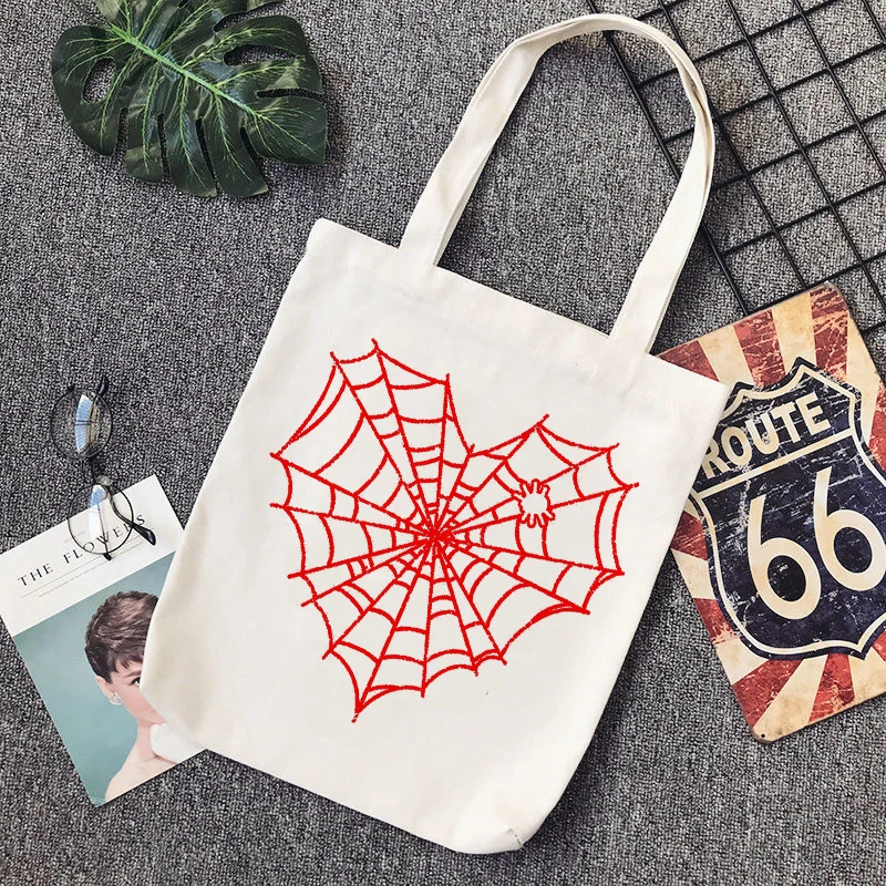 New Spider Web Cartoon Print Bag Harajuku Japanese Anime Shoulder Bags Ulzzang Black Vintage Canvas Bag Kawaii Chic Shopper Bag