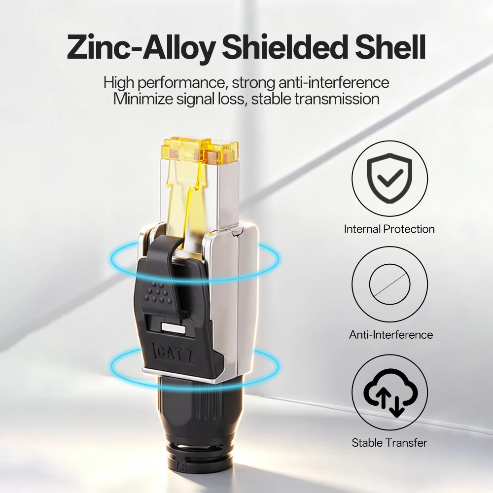 RJ45 Connector Cat7 Tool‑Free Shielded Zinc‑Alloy Reusable 50U Gold‑Plated Contact Anti‑Pull Ethernet Plug for Network Cable view 4