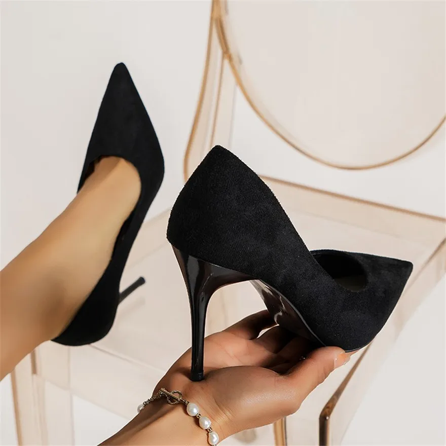 Concise Ladies Office Shoes Autumn Solid Flock Pointy Toe High Heels Shoes Shallow Wedding Female Pumps Sexy Size 35-43