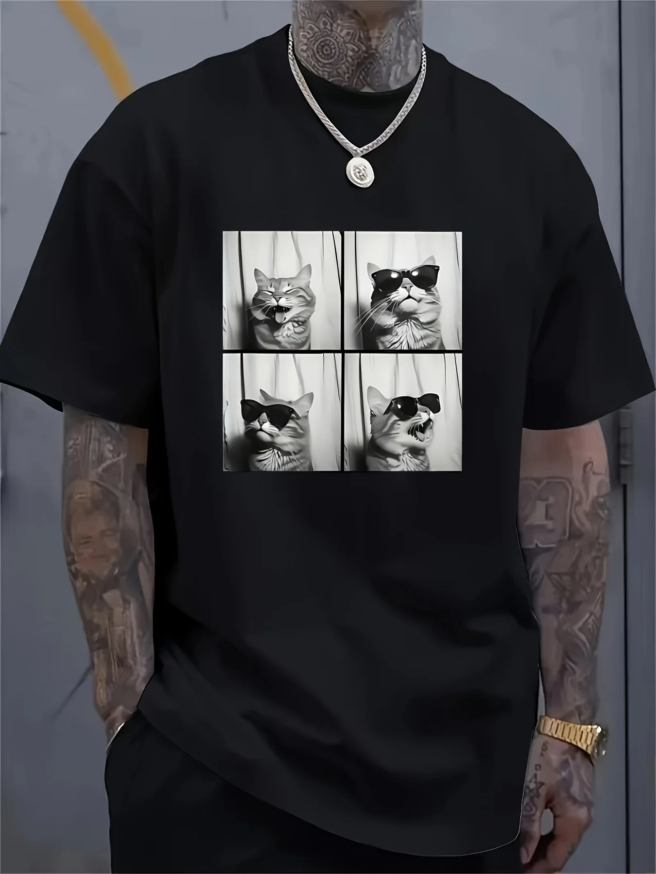 

Men's casual cotton graphic tee 180g pure cotton large size creative printed pattern cool cat design sweat absorbing breathable