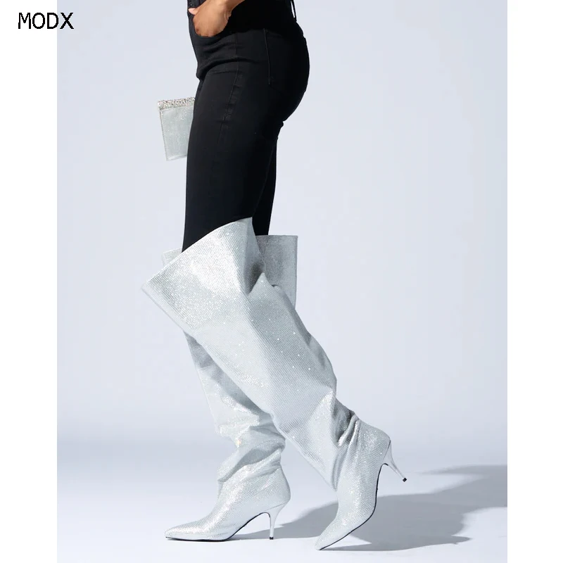 

2025 Luxury Style Women Knee High Boots Crystal High Heel Fashion Rhinestone Boots Ladies Wedding Strass Shoes High Heels 44