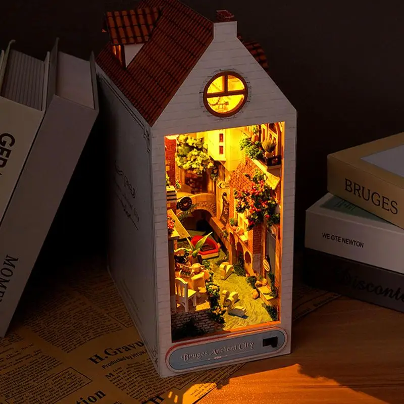 

Wooden Puzzle Bookends Puzzle Miniature Book Nook Kits With LED Lights Artistic Sense Craft Decoration For Study Room Kids Room