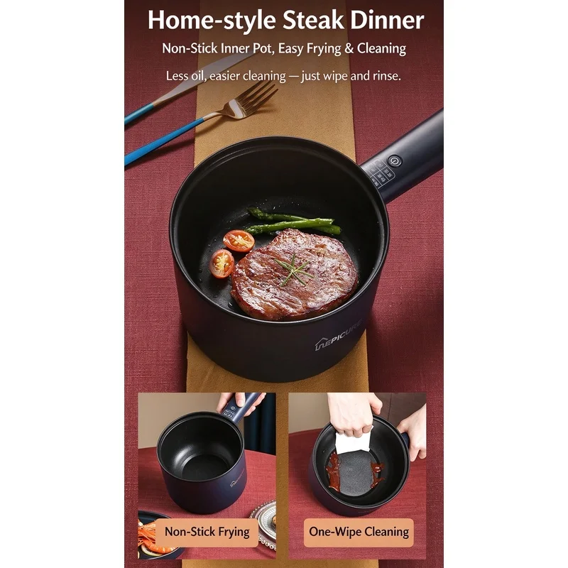 1pc 110V Electric Rice Cooker Long Handle Non-Stick Mini Hot Pot Portable Electric Skillet for Dorm Home Boil Fry Braise Stew