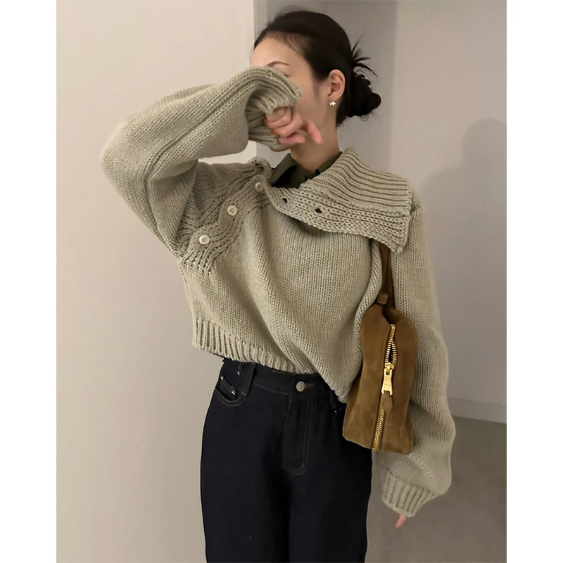 

MEXZT винтажный свитер нестандартной формы, женские укороченные вязаные пуловеры с длинными рукавами, уличная одежда, трикотаж на пуговицах, зимние повседневные джемперы