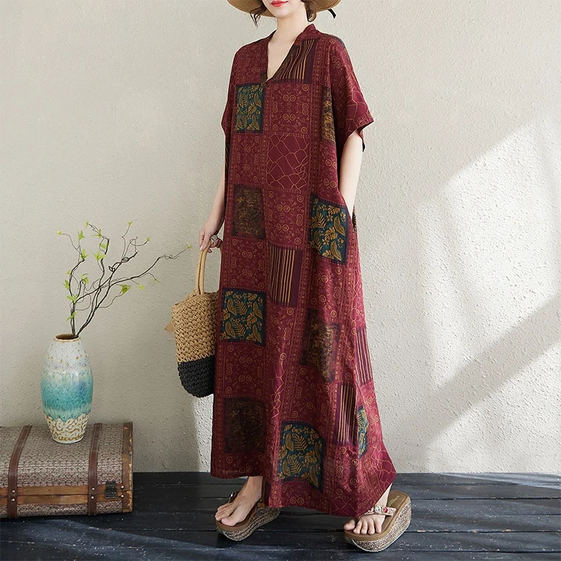 

V-Neck Cotton Lin Long Summer Dress Vintage Artistic Holiday Style Beach Skirt Loose Fit Large Size Ladies Fashion
