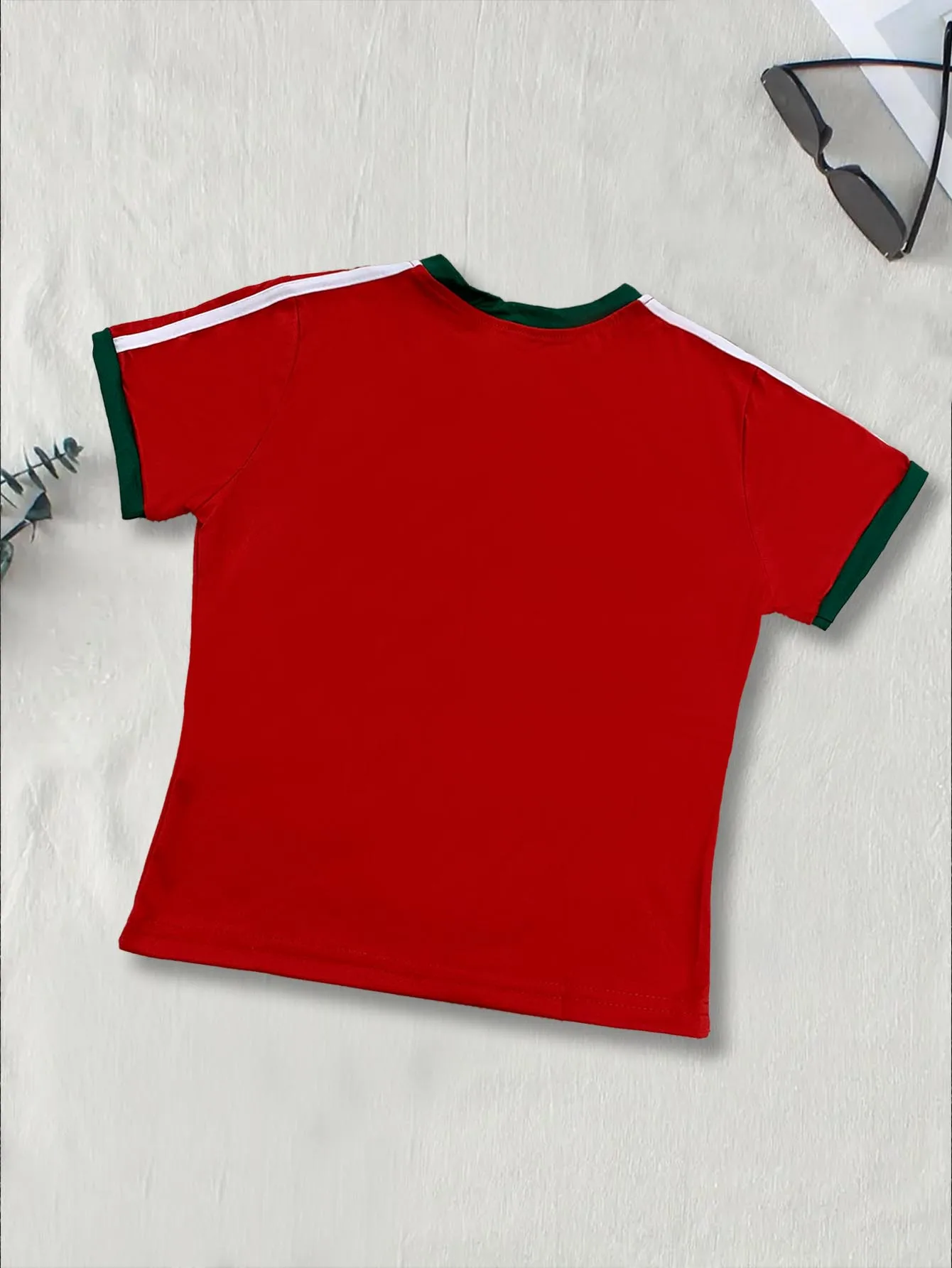 Red Green Trim Short Sleeve T-shirt For Women Letter Morocco Flag Embroidery Slim Crop Sports Top