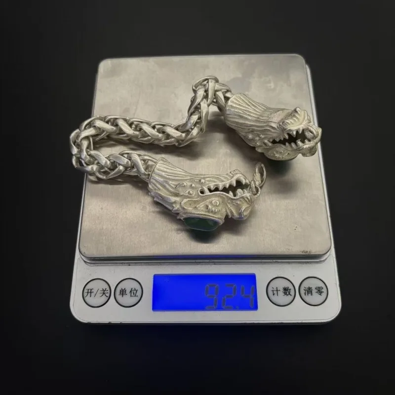 Classic Tibetan silver double dragon inlaid bracelet with retro ethnic style and domineering men's and women's bracelets