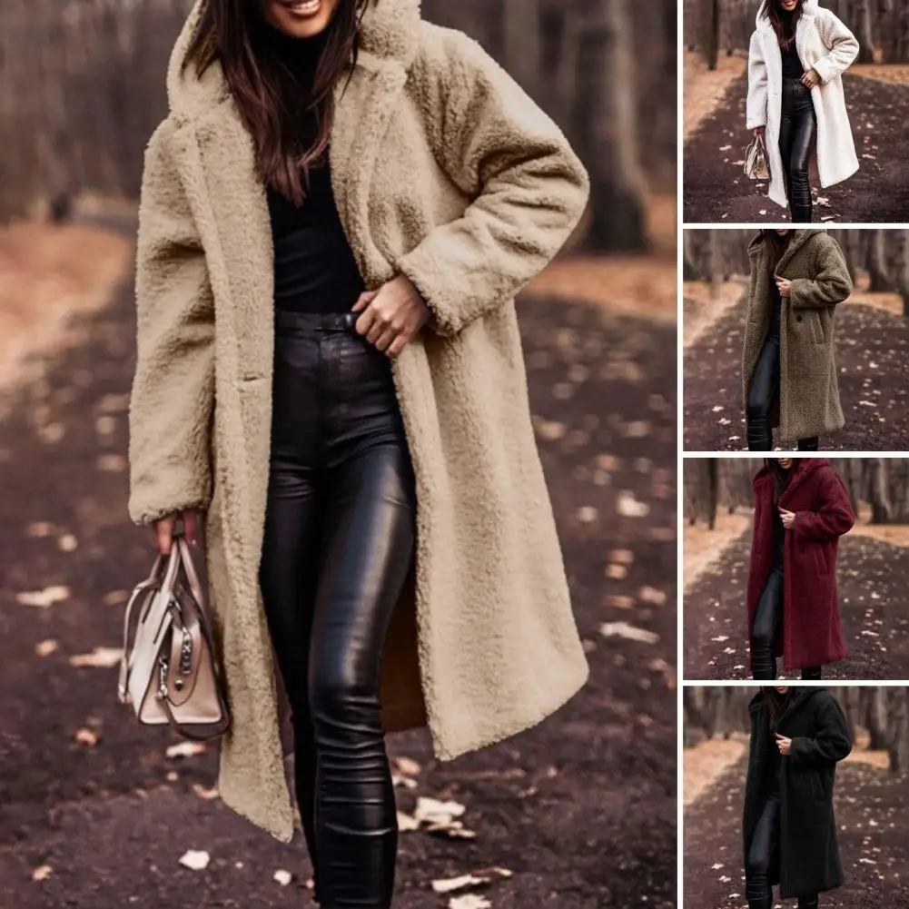 Women Long Coat Solid Color Hooded Coat Winter Autumn Single-Button Plush Coat Lapel Double Breasted Long Cardigan Female Top
