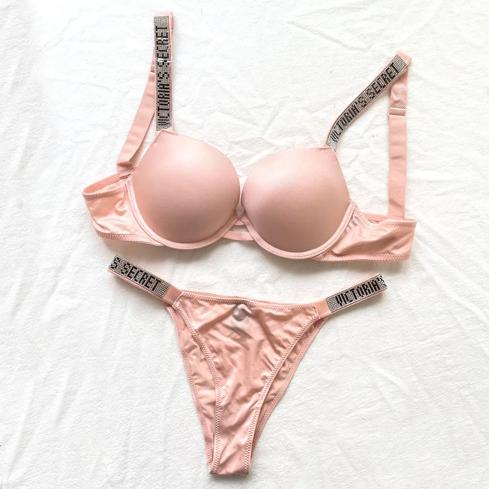 Damen-BH-Set, sexy Unterwäsche, Victoria's Secret Push-Up-BH und Höschen-Set, Buchstaben-Strass-Höschen, String, rosa Dessous-Set für Damen