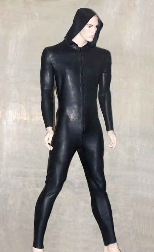 

Latex Rubber Zentai Cosplay Catsuit Black Bodysuit Sport Jumpsuit Hood Tights 0.4mm S-XXL