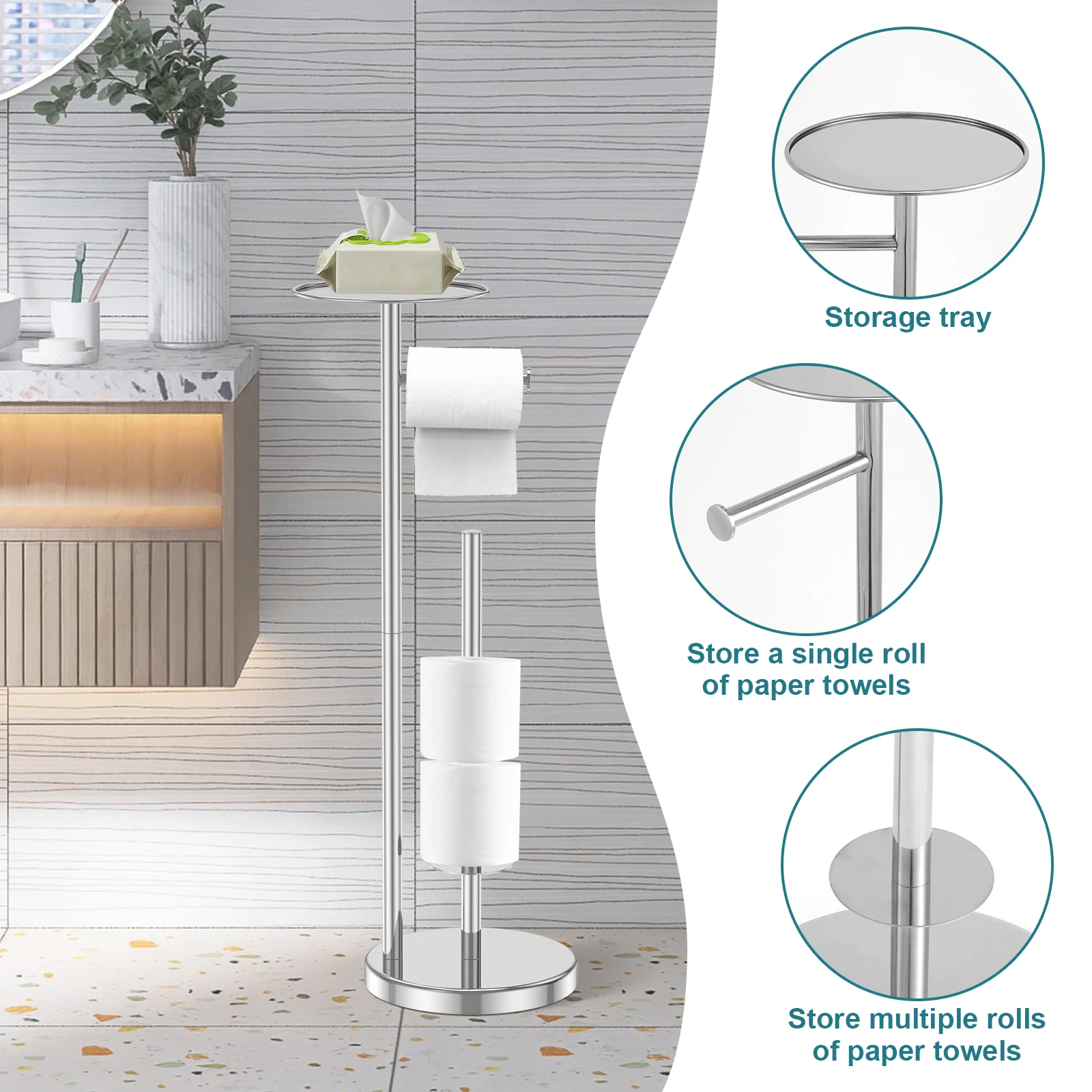Free Standing Toilet Roll Holders Stainless Steel Toilet Paper Stand with Phone Shelf Bathroom Tissue Rack Organizers Storage