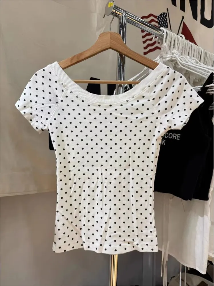 Polka Dot White Slim T-shirt Woman Slash Neck Short Raglan Sleeve Cotton Tee Shirts Female Sweet Casual Preppy Style Tshirts Y2K