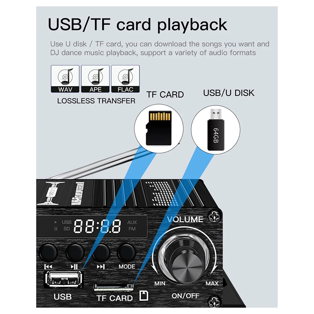 Amplificateur Bluetooth numérique pour la maison et la voiture, haut-parleur son HiFi à 2 canaux, FM, Rrcsec, mini amplificateur audio, médailles de classe AB, 12V