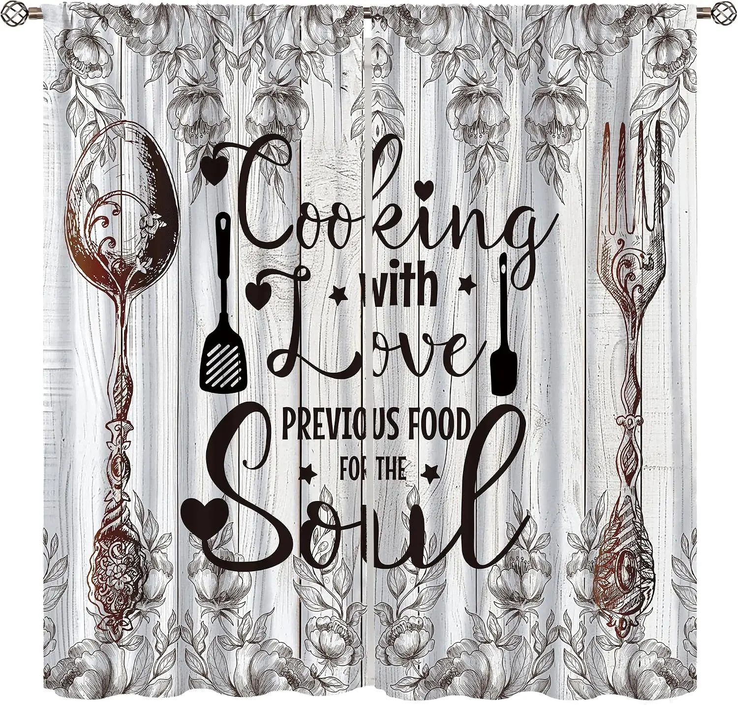 Vintage Wooden Board Kitchen Window Curtains, Elegant Sketch Flower Utensil Inspirational Cooking Letter Drapes for Dining Room