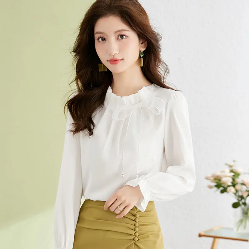 Elegant O-Neck Folds Lace Up Beading Bow Blouses Women\'s Clothing 2023 Autumn Winter Office Lady Tops Princess Sleeve Shirts