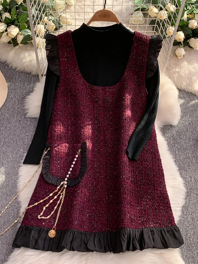 

Осень-зима, женский новый корейский комплект, милый грибной край, топ на бретелях, платье под крышкой, комплект из двух предметов, женский S112