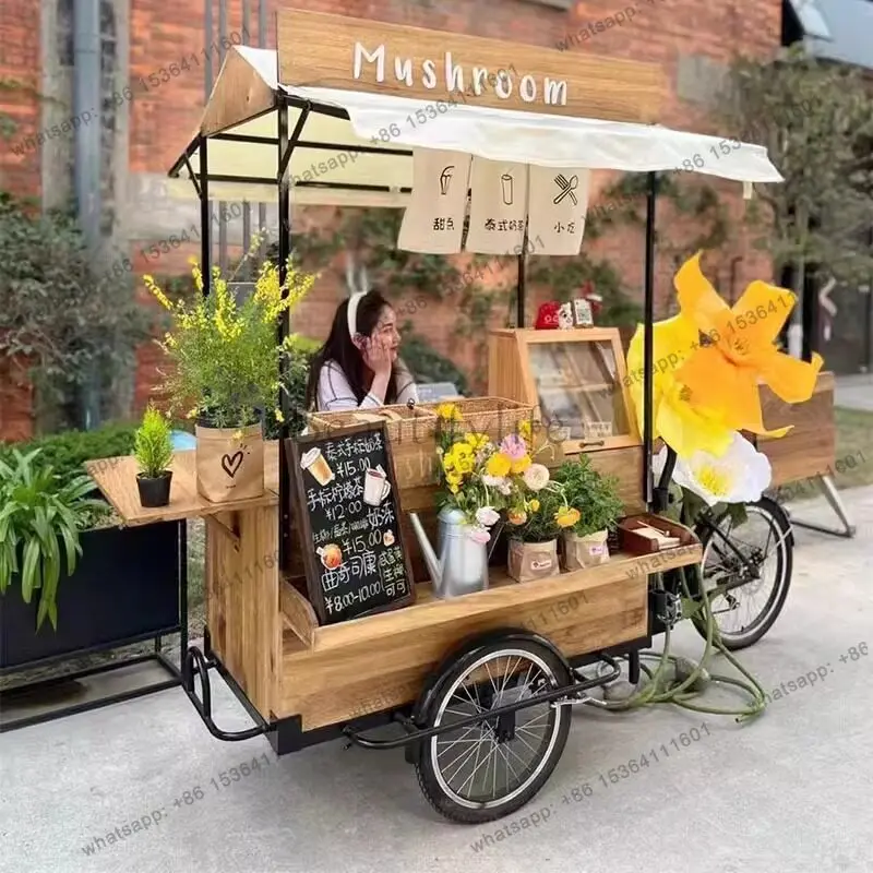 American retro solid wood mobile reverse riding three-wheeled coffee cart stall night market scenic spot display car