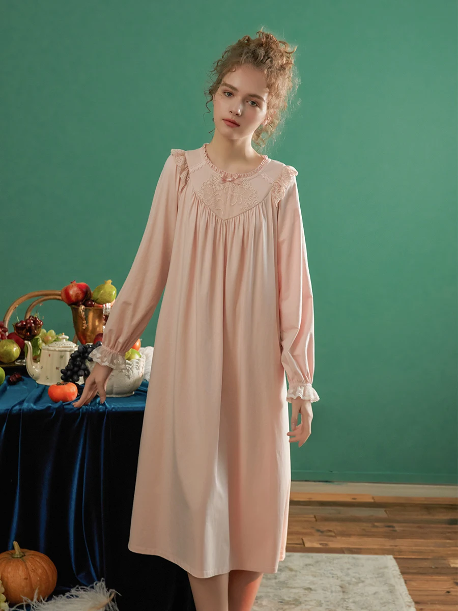 

Vintage Royal Cotton Long Sleepwear For Women Long Sleeve Lace Elegant Princess Girls Loose Nighty Spring Autumn Home Dress