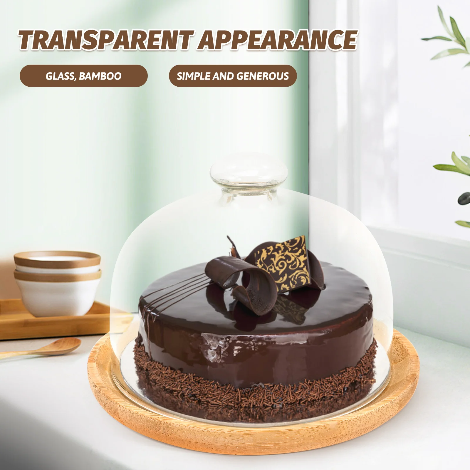 

Bamboo Cake Tray with Clear Glass Dome Lid Round Dessert Display Plate for Cupcakes Cookies Fruits Covered Serving Storage