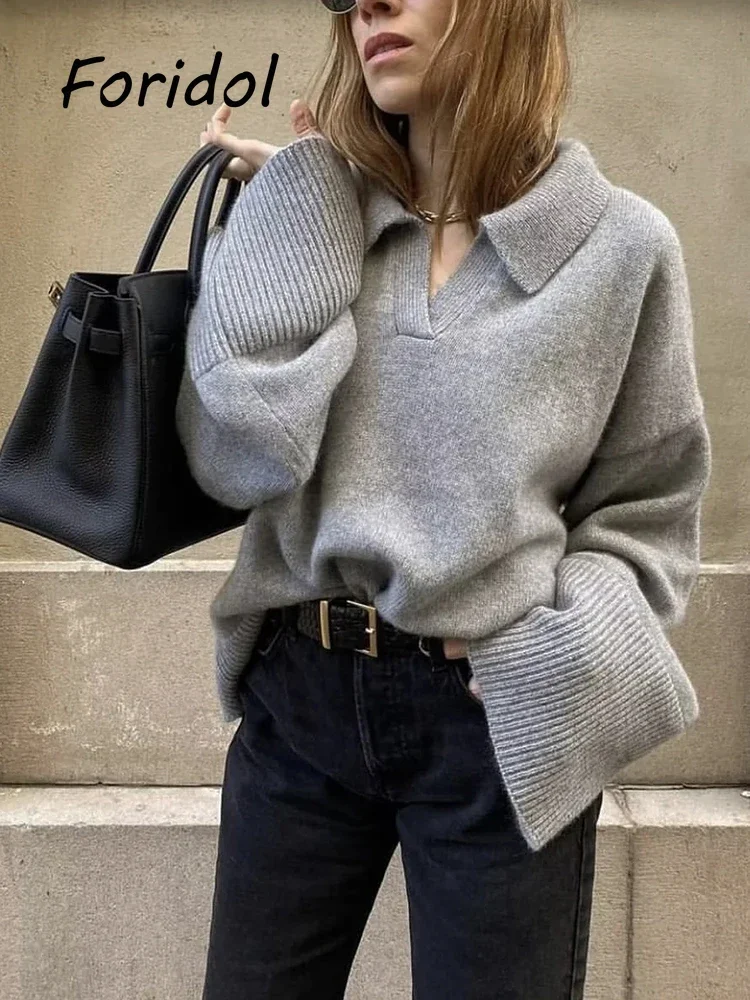 Vintage Gray Knitted Sweater Tops Women Fashion Autumn Winter Casual Long Sleeve Pullover Jumer Femme Outfit New Pull Femme