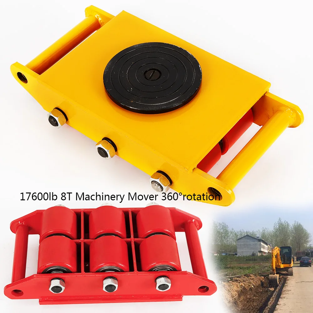 8T Heavy Duty Machine Dolly Skate Machinery 6 Roller Mover Cargo Trolley Cart 360° Rotation Red, yellow