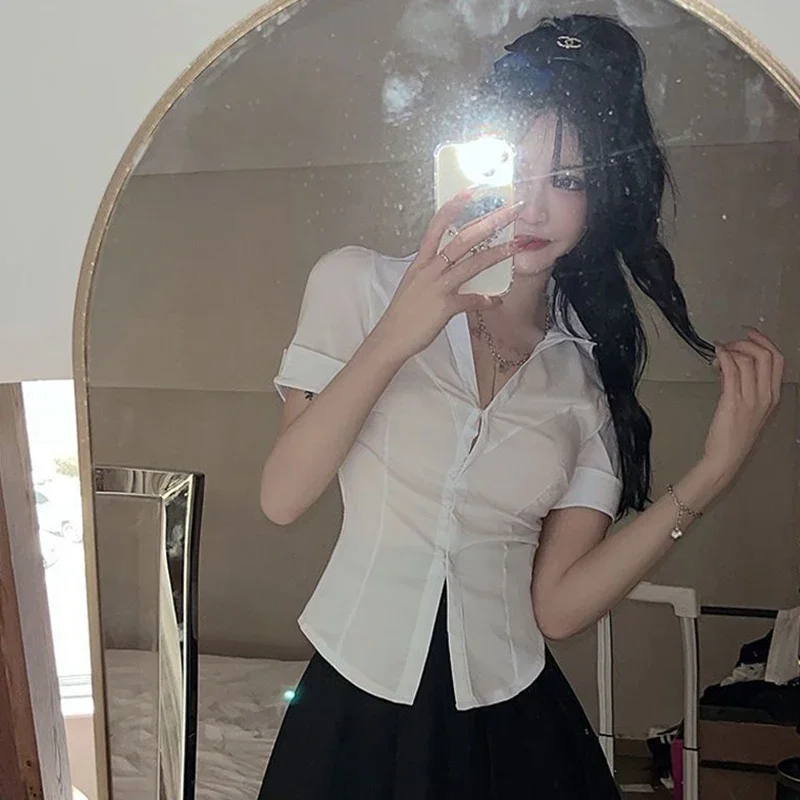 الكورية سليم صالح قصيرة الأكمام اقتصاص بلوزة السيدات بلون ترتيب الأسرة طوق قميص امرأة سليم صالح واحدة الصدر المرأة