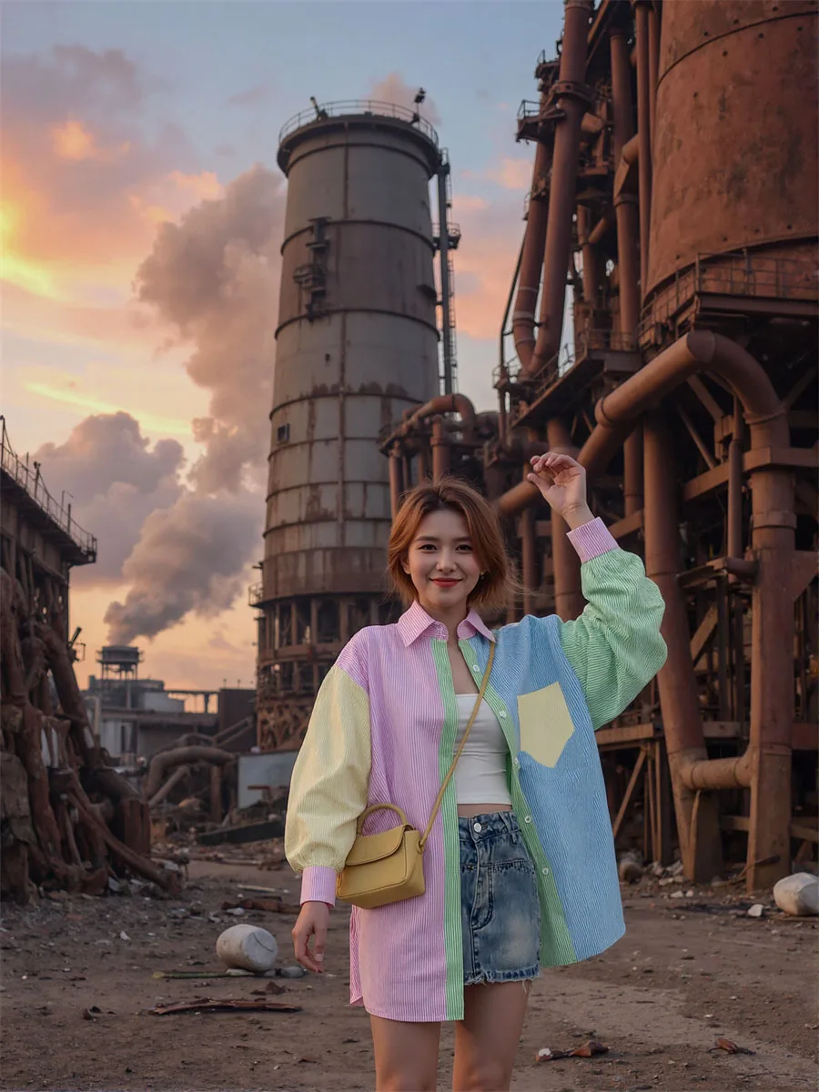 เสื้อเชิ้ตผู้หญิงลายทางสีลูกกวาดแขนยาวเย็บปะติดปะต่อน้ําหนักเบาเหมาะสําหรับลุคลําลองหรือเกาหลีที่อ่อนเยาว์