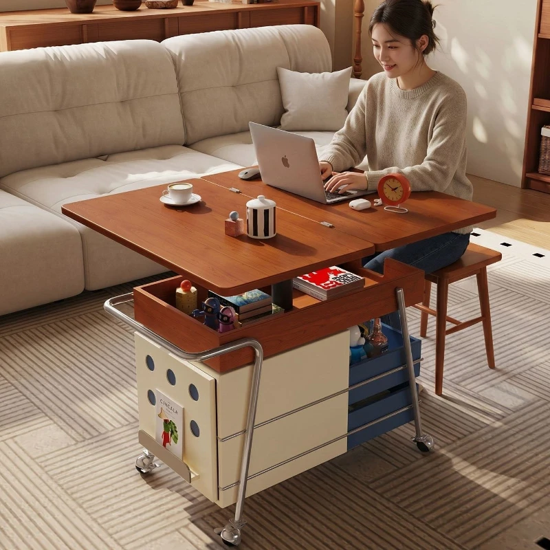 Solid wood movable lifting folding edge sofa edge living room coffee table balcony tea table small apartment deformation edge