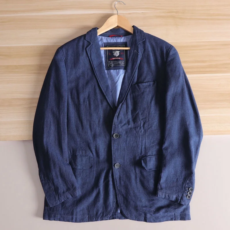 

Vintage Waed Linen Blend Men's Faion Casual Suit Jaet Autumn Season Stand Fit Double Slit Long Sve