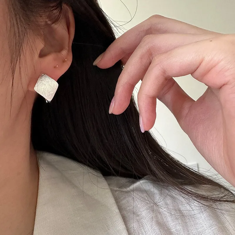 

925 Sterling Silver Brushed Square Earrings Irregular Matte Finish Minimalist Luxury Unique Dainty Jewelry Gift for Women