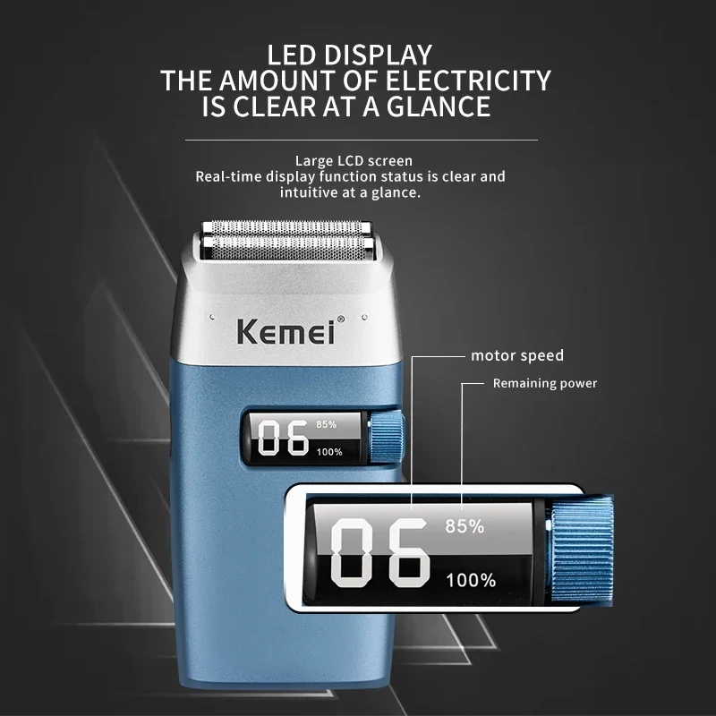 Kemei KM-3385 Afeitadora eléctrica de doble hoja alternante recargable por USB, Afeitadora profesional digital LCD para hombres