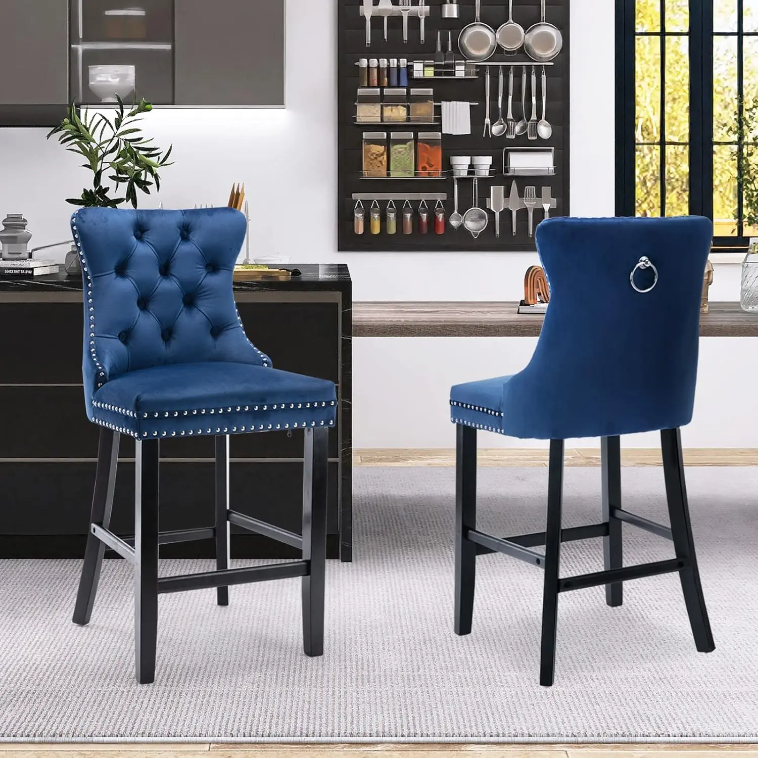 Bar Stools Set Of 2, Velvet Upholstered Bar Stool For Kitchen Island, Counter Stools With Nailhead Trim, Blue