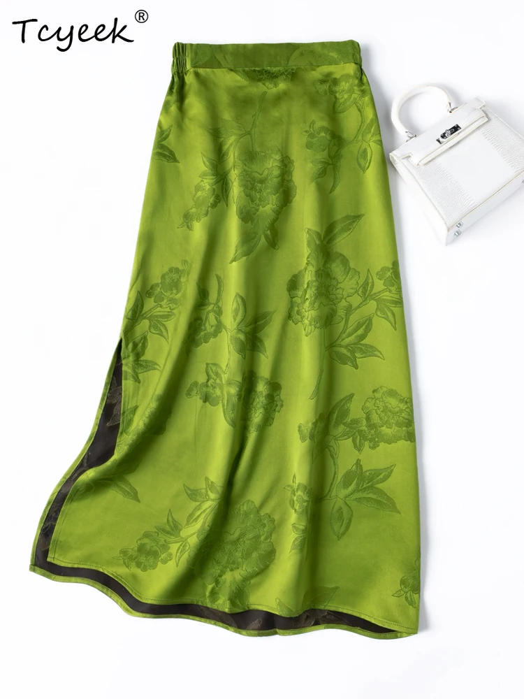 Tcyeek 100% Real Mulberry Silk Summer Skirt 2026 Fashion Elegant Skirts for Women Split Skirts Woman Clothes Faldas Para Mujeres